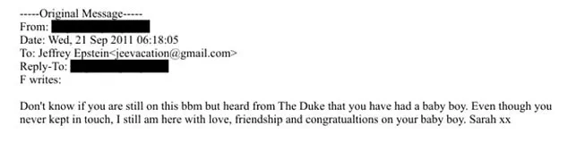 Sarah Ferguson's 2011 Sycophantic Email to Epstein: Congratulations on Alleged Son After Prison Release