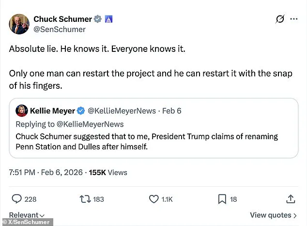 White House Press Secretary's Statement Contradicts Trump's Account on Penn Station Renaming, Schumer Calls It a 'Lie