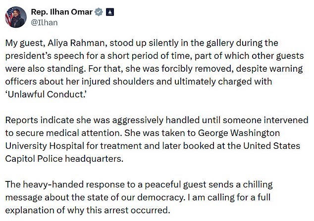 Ilhan Omar's Guest Allegedly Forcibly Removed at State of the Union Amid Protest Controversy