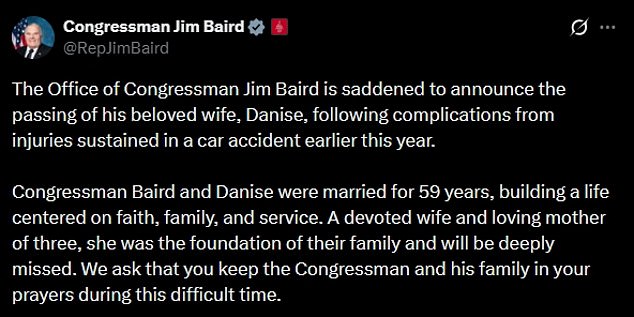 Devoted Wife of Congressman Jim Baird, Danise Baird, Dies Following Car Accident Complications