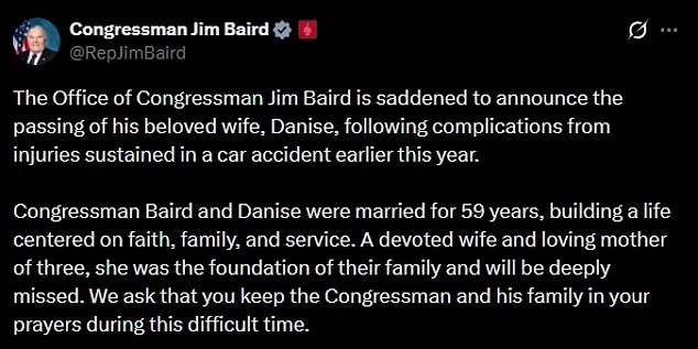 Devoted Wife of Congressman Jim Baird, Danise Baird, Dies Following Car Accident Complications