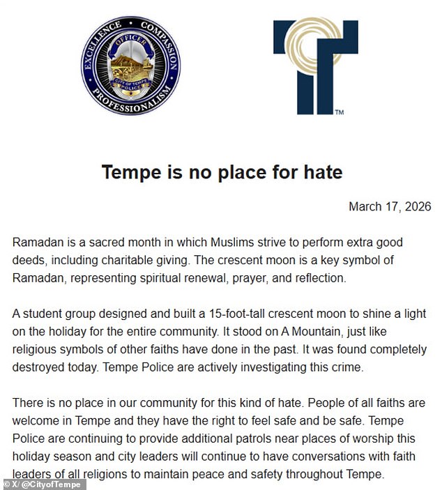 Tempe City Condemns Destruction of Islamic Crescent Moon, Vows to Protect Religious Expression