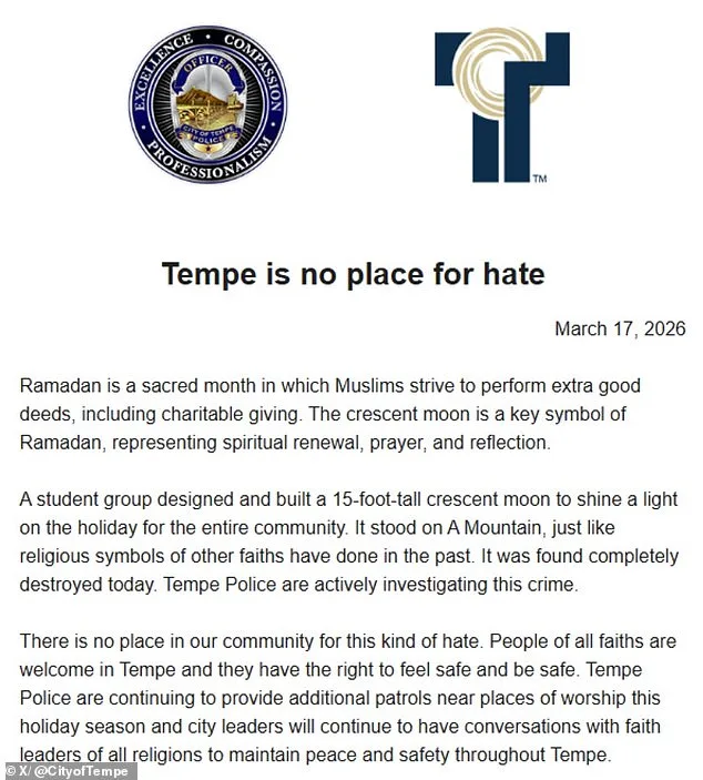 Tempe City Condemns Destruction of Islamic Crescent Moon, Vows to Protect Religious Expression