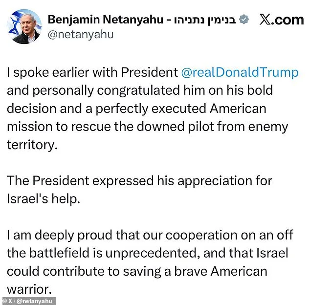 Israeli PM Netanyahu Celebrates U.S.-Led Rescue of Stranded F-15 Pilot in Iran, Praising Trump's Leadership
